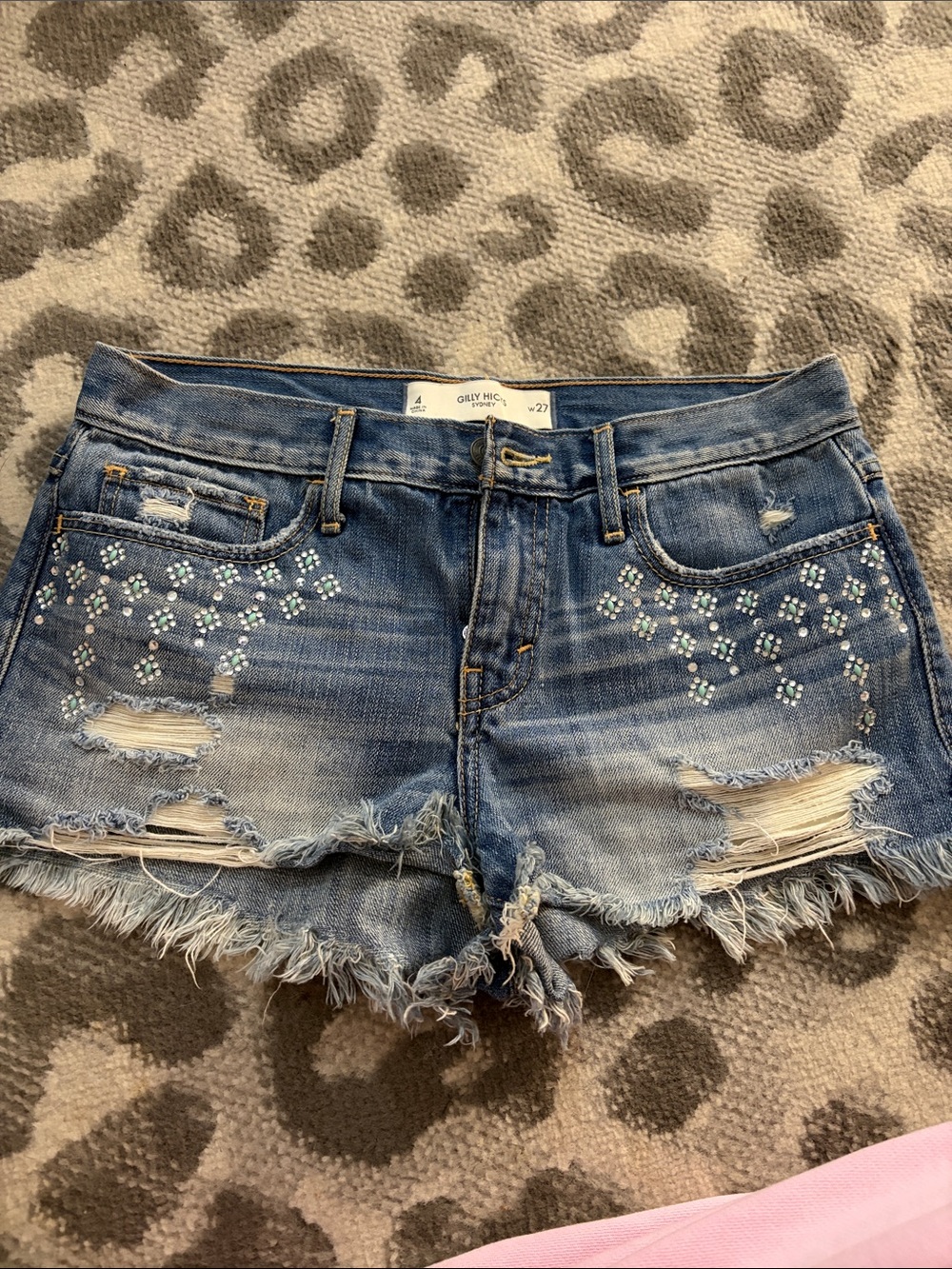 Gilly Hicks Blue Distressed Denim Shorts with Rhinestone Embellishments